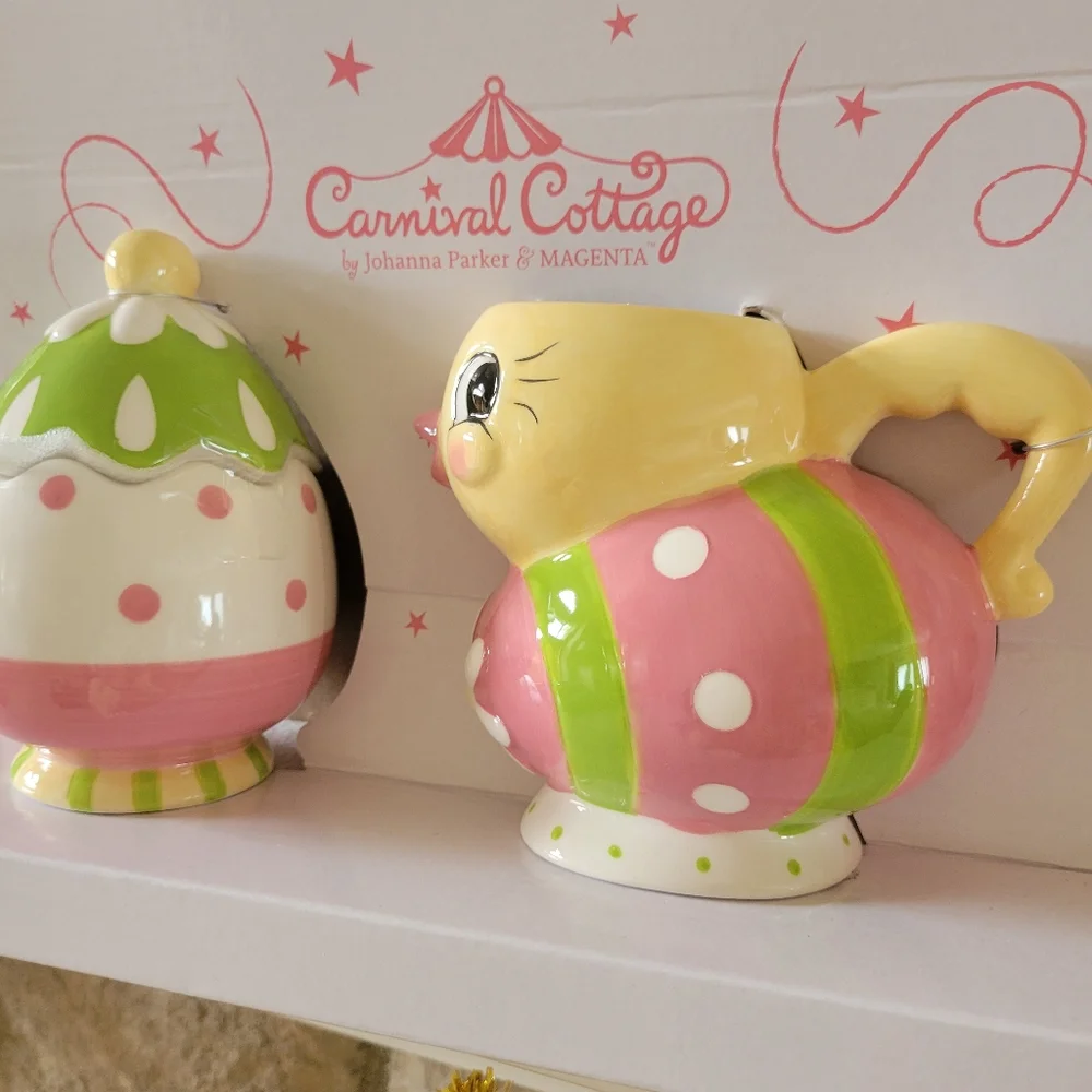 Johanna Parker Carnival Cottage Easter Chick & Egg Cream & Sugar Set~ NIB